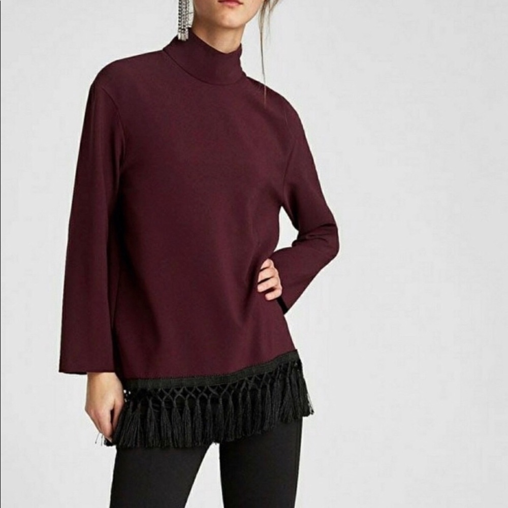 Zara burgundy mock neck tassel top